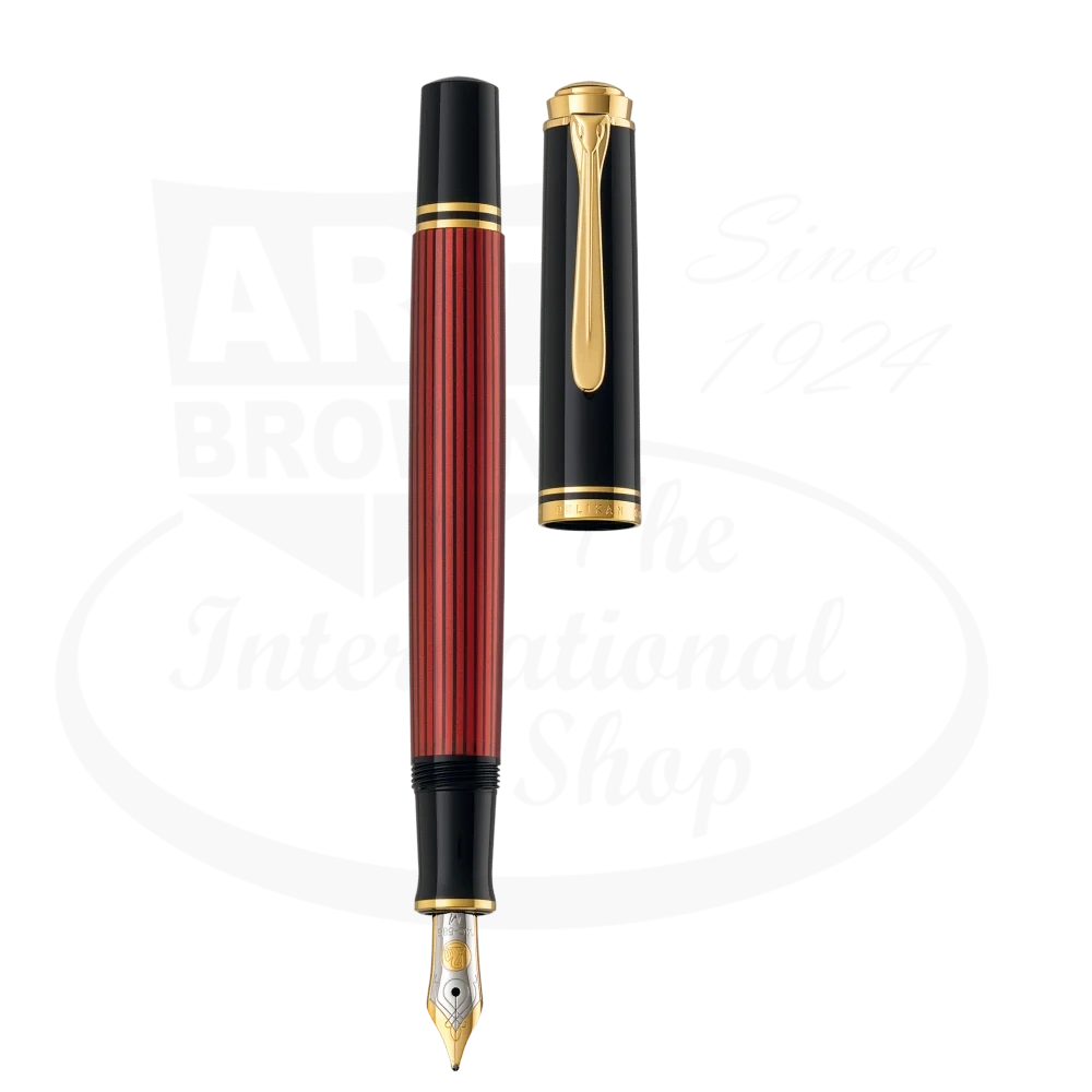 Pelikan Souveran M800 fountain pen in Red and black with gold accents and duotone 18k gold nib