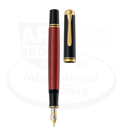 Pelikan Souveran M800 fountain pen in Red and black with gold accents and duotone 18k gold nib