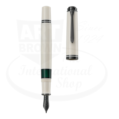 Pelikan M670 Warm Grey Fountain Pen uncapped, displaying the sleek grey body with black accents.