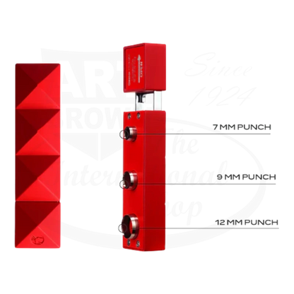 Colibri Quasar Cigar Punch in red, featuring different punch sizes and a detailed side view.