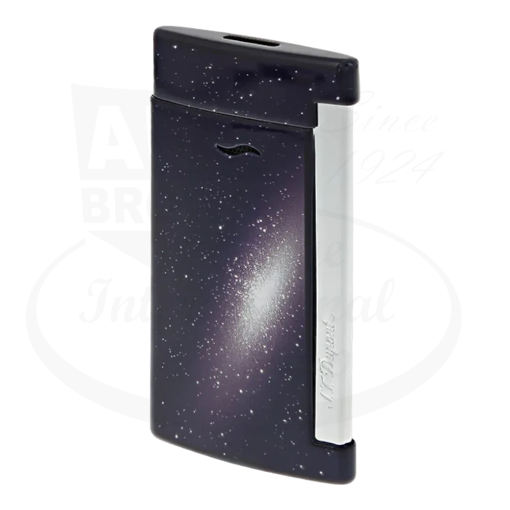 S.T. Dupont Slim 7 lighter in Galaxy Blue, unlit, with a sparkling cosmic design and sleek chrome side trigger.