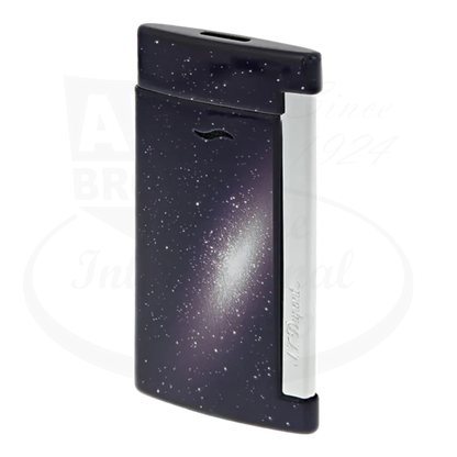 S.T. Dupont Slim 7 lighter in Galaxy Blue, unlit, with a sparkling cosmic design and sleek chrome side trigger.