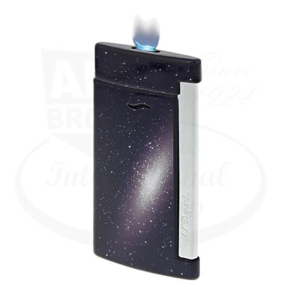 Blue Galaxy-themed S.T. Dupont Slim 7 lighter with a lit flame, showcasing a night sky inspired design with chrome finishes.