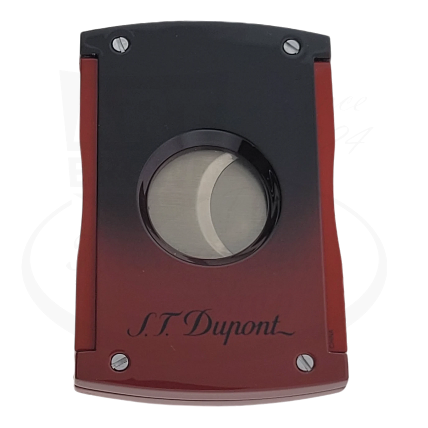 S.T. Dupont x Tatuaje cigar cutter showing back side with red and black gradient lacquer.