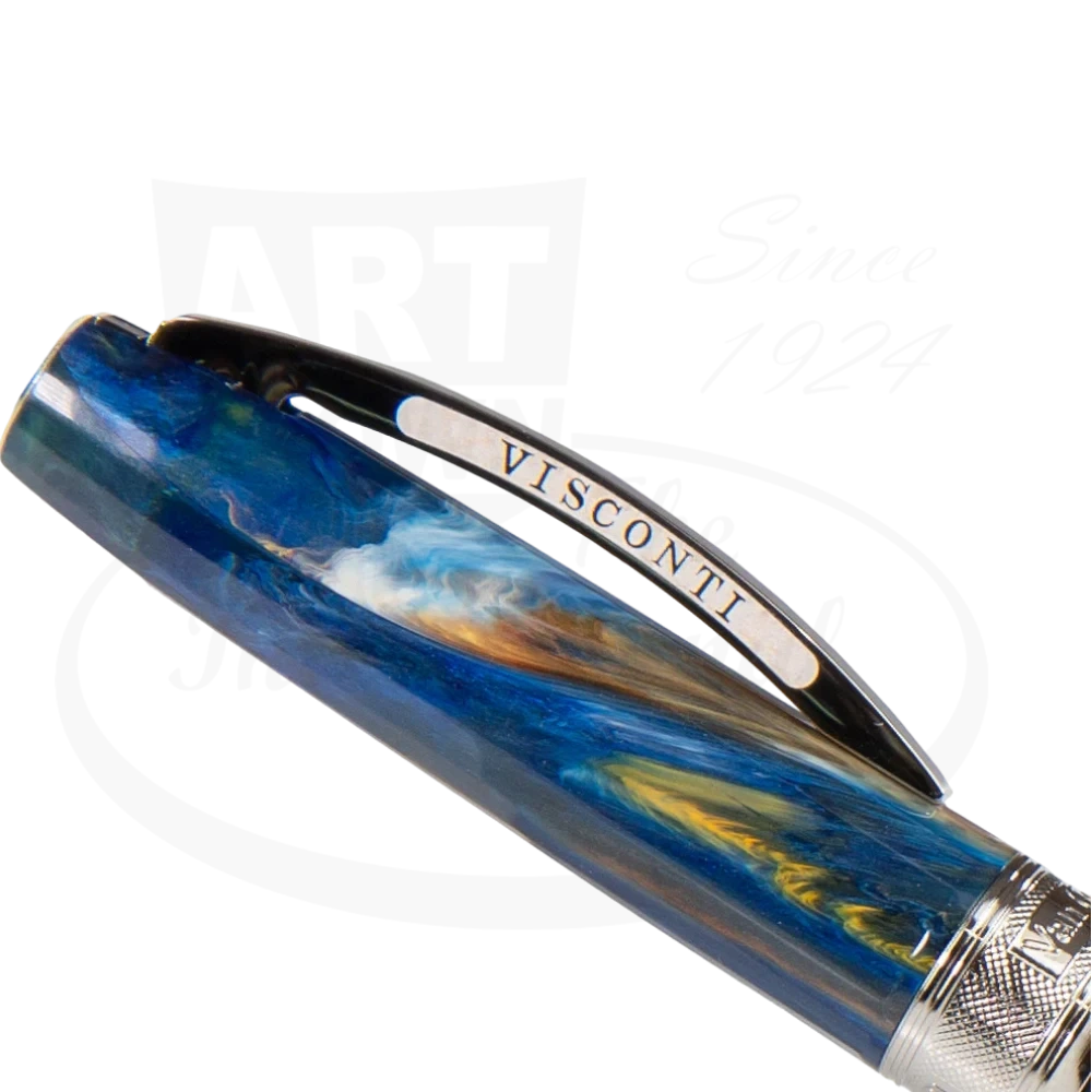 Close-up of the Visconti Van Gogh Starry Night ballpoint pen cap, showcasing the Visconti clip.