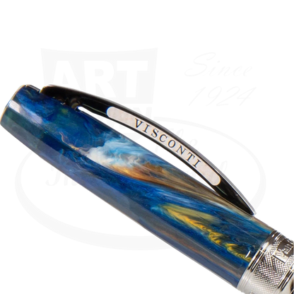 Close-up of the Visconti Van Gogh Starry Night ballpoint pen cap, showcasing the Visconti clip.