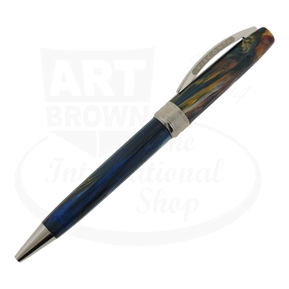 Diagonally placed Visconti Van Gogh Starry Night ballpoint pen, emphasizing the blend of blue, yellow, and white hues.