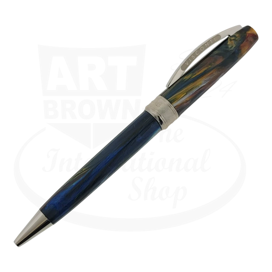 Diagonally placed Visconti Van Gogh Starry Night ballpoint pen, emphasizing the blend of blue, yellow, and white hues.