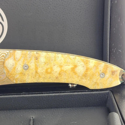 Close-up of the William Henry B7 knife folded, emphasizing the unique pattern of the Mokume-Gane frame and Tiger Coral scale against a black box background.