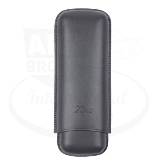 Zino Xl-2 2 cigar leather case in gray with cyan colored stitching, closing showing Zino logo.