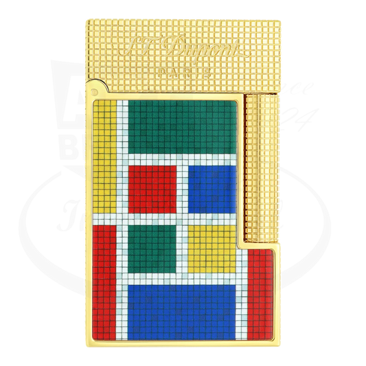 S.T. Dupont x Casablanca Ligne 2 Lighter with gold accents and multicolored mosaic motif, seen from the front.