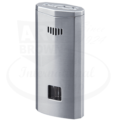 Vector ICON 02 gunmetal satin aluminum triple-jet torch lighter with USB charging port and sensor ignition, featuring brushed metal finish and rectangular design