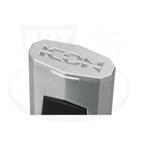 Vector ICON 02 Gunmetal Satin lighter with brushed aluminum body, octagonal top featuring geometric ICON logo design, triple-jet torch flame mechanism